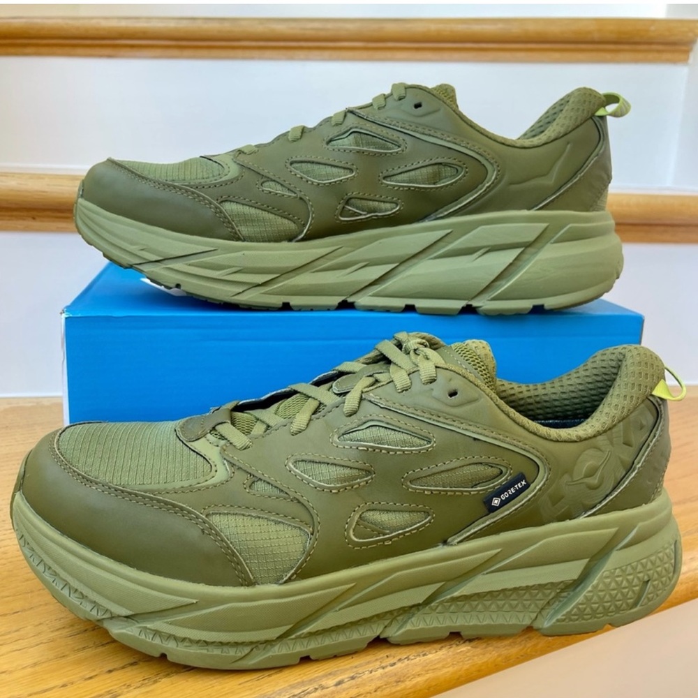 NWT Hoka Clifton Leather Gore-Tex Waterproof Unisex Green Khaki Olive AGMS